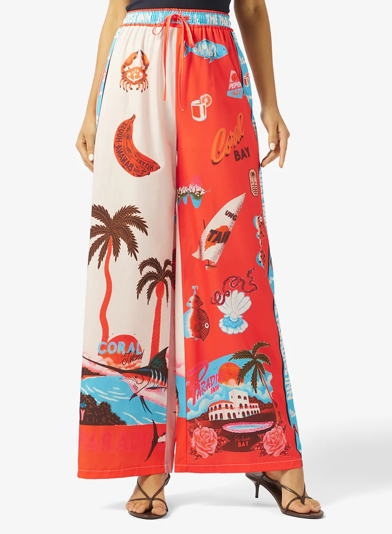 Ginger Oversize Satin Tropical Print Shirt & Pant Coord Set